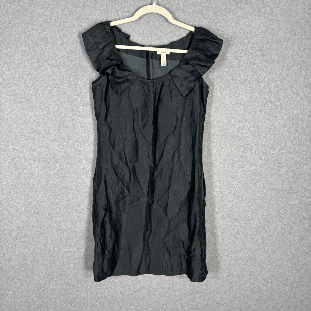 J‎ Crew Linen Dress Size 2 Ruffle Pockets Charcoal Mod Shift Shimmer Crinkle